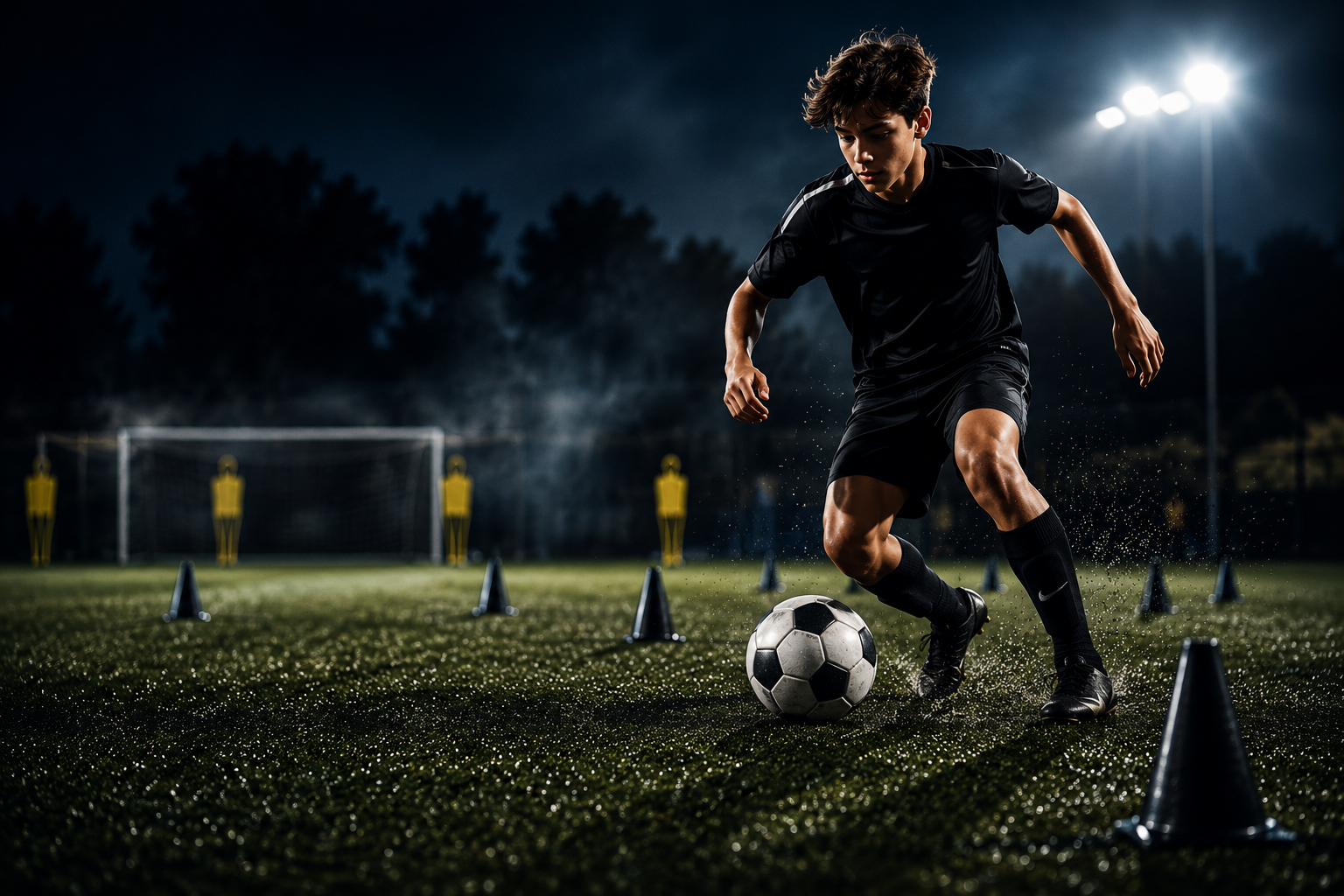 Voetballer dribbelt met de bal langs pionnen op een verlicht veld